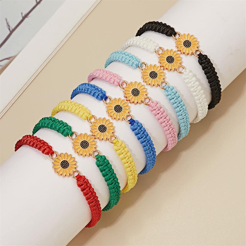 Sunflower Bracelets Adjustable Boho Sunflower Daisy Charm Bracelets Handmade Braided Rope Friendship Matching Bracelets Promise Bracelets for Couples Women Friends Summer Jewelry