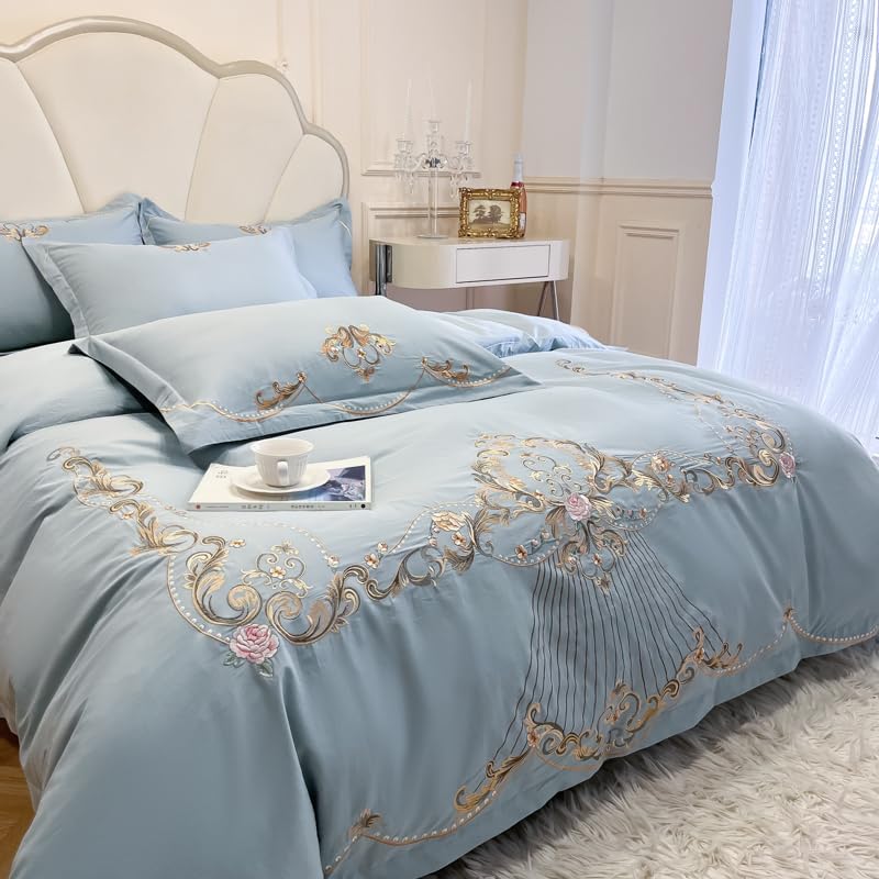 Image of JJ's Imported Skin Friendly Pure Washed Cotton Heavy & Beautifully Embroidered Wedding Style 5 Pcs King Size Double Bed Luxury Bridal Bedding Set with Heavy Comforter /Quilt (Sky Blue 2)