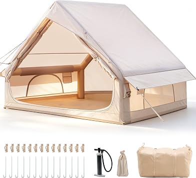 Inflatable Camping Tent, Glamping Inflatable Tent for Camping, 4 Season Water&Windproof Outdoor Oxford Blow Up Cabin Tent with Mesh Windows & Doors for 4-8 People Camping