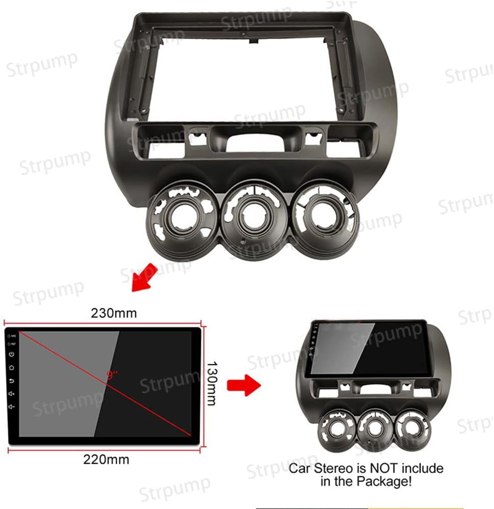 9'' Car Radio Stereo Dash Frame Fascia Bezel Panel with Power Harness Compatible for Honda Fit Jazz 2004 05 06 07 RHD Install Mount Kit