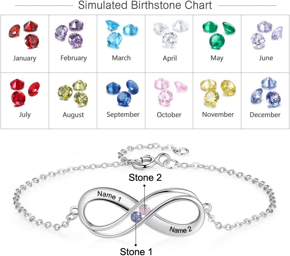 Personalized Infinity Love Birthstone Bracelets for Women 925 Sterling Silver Custom Engraved Name Bracelets Mothers Day Christmas Birthday Valentines Day Jewelry Gifts for Her, Wife
