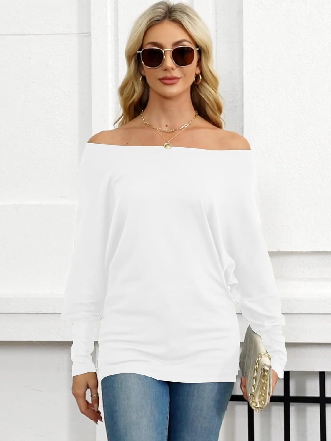Eniloyal Women's Off Shoulder Tops Batwing Long Sleeve Shirts Loose Fall Fashion Blouse Tunic Oversized Pullover Sweater - Image 2