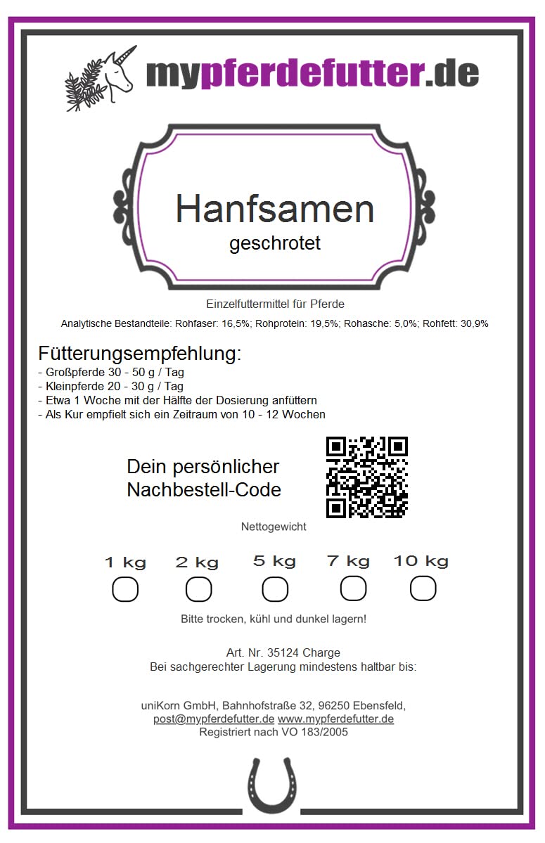 Hanfsamen geschrotet - 100% Hanf PUR für Pferde ohne Zusätze - unterstützt Atemwege, Haut, Fell & Gelenke - enthält ungesättigte Fettsäuren (Omega 3 & 6) - (2000 g)