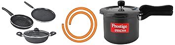 Prestige Omega Deluxe Granite Aluminium Kitchen Sets with 1 Glass Lid (Black) - 3 Pieces&Prestige Svachh 3 Litre Aluminium Pressure Cooker with Hard Anodized Body (Black)&Prestige LPG Hose, Multi
