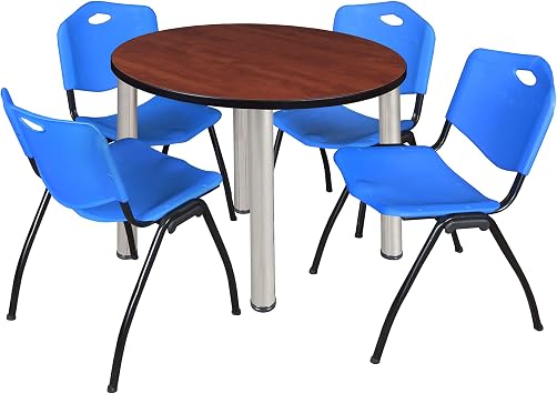 Romig Trek 36 in Round Breakroom Table- Cherry Top, Chrome Legs, 4 M Stack Chairs- Blue