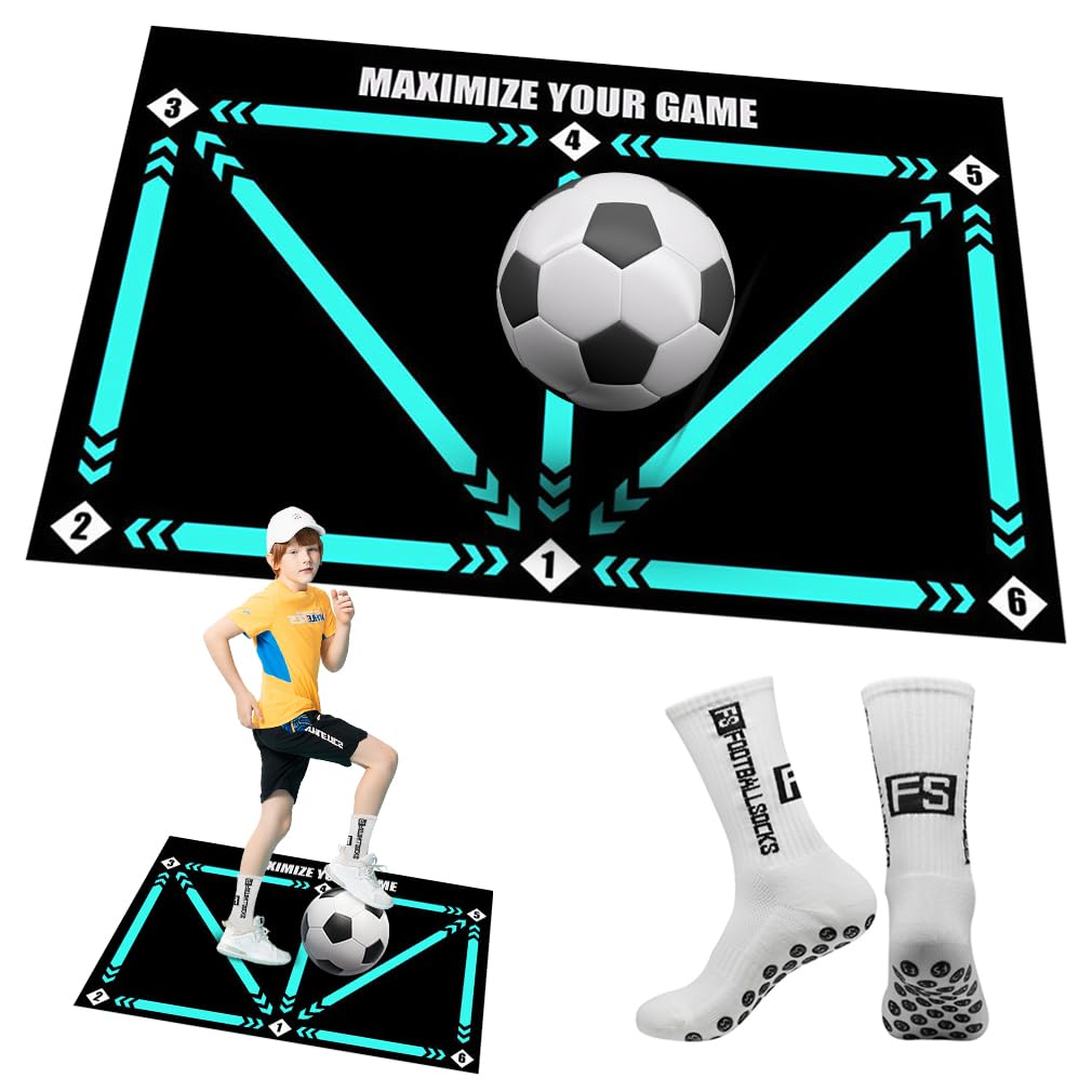90 * 60cm Non Slip Football Training Mat with Grip Socks, Kids Soccer Footwork Dribble Ball Control Accuracy Football Skills Practice Pad, Indoor House Footballer Rug Ideas Gifts for Girls Boys