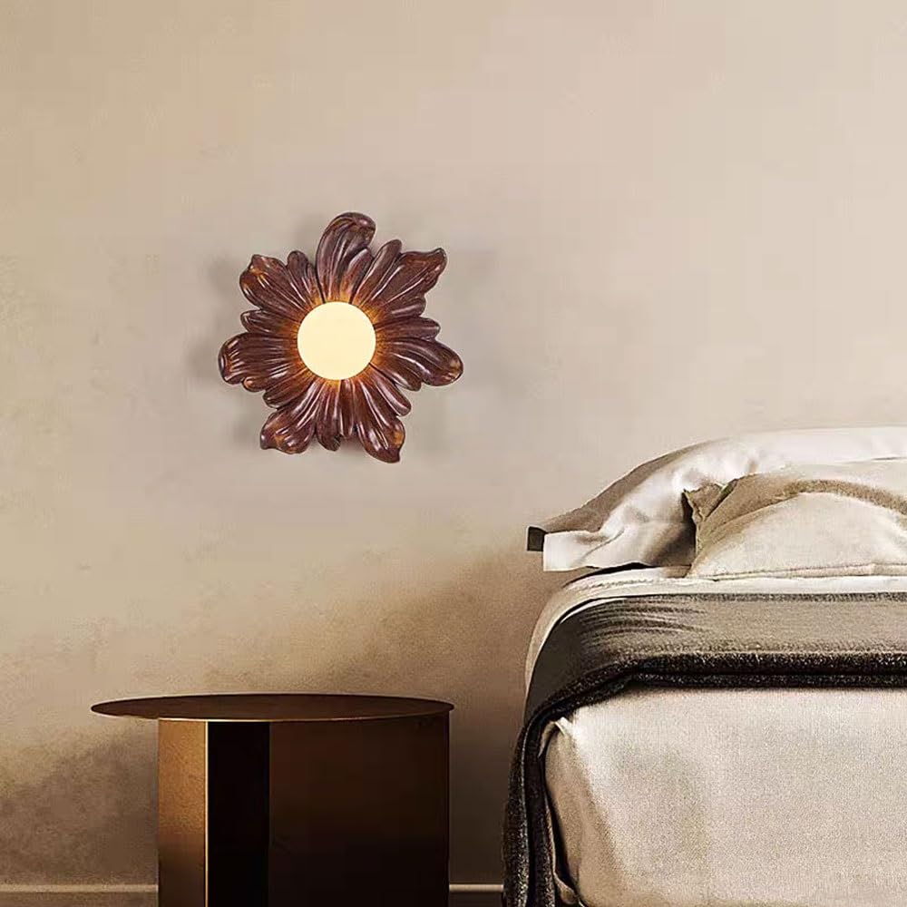Lámpara de girasol1 luz decoración artística aplique de pared floral de resina con pantalla esférica de acrílico blanco, casquillo G4 | Lámpara de pared rústica for sala de estar, pasillo(Walnut)