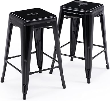 24 Inch Metal Bar Stools Set of 2, Stackable for Indoor Outdoor, Black | No Assembly, Waterproof & Rustproof, 300LBS Capacity, Space-Saving Stackable, Backless, Easy to Move, Non-Slip Feet