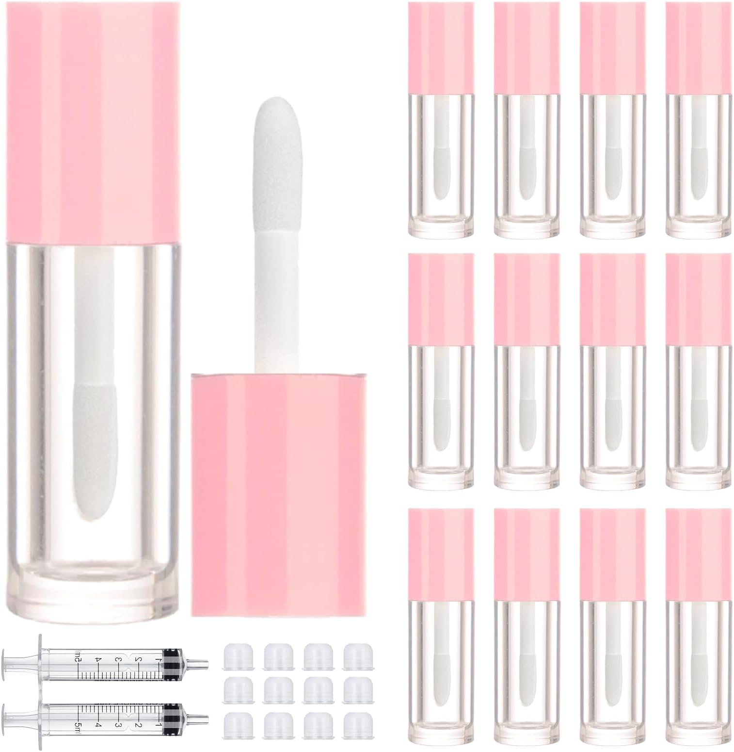2.5ml 12 PCS Empty Lip Gloss Tubes with Wand Lip Gloss Containers Cute 0.08oz Clear Refillable Lipgloss Making Supplies Kit for DIY Makeup+ 2pcs Syringes (Pink)