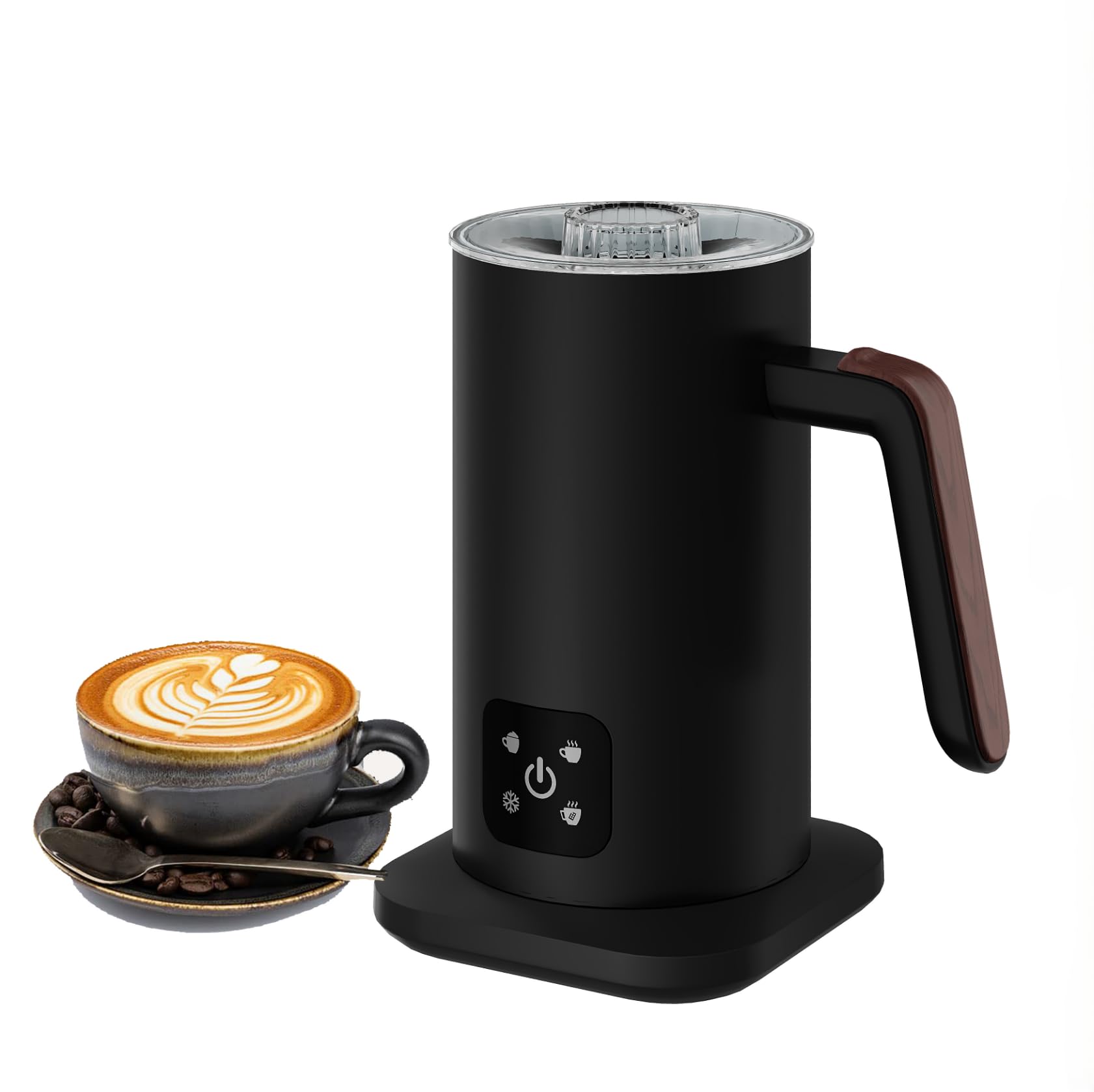 Montalatte elettrico 4 in 1 in acciaio inox – caldo e freddo, latte caldo, pannello touch LED, base a 360°, per cappuccino, latte macchiato e cacao