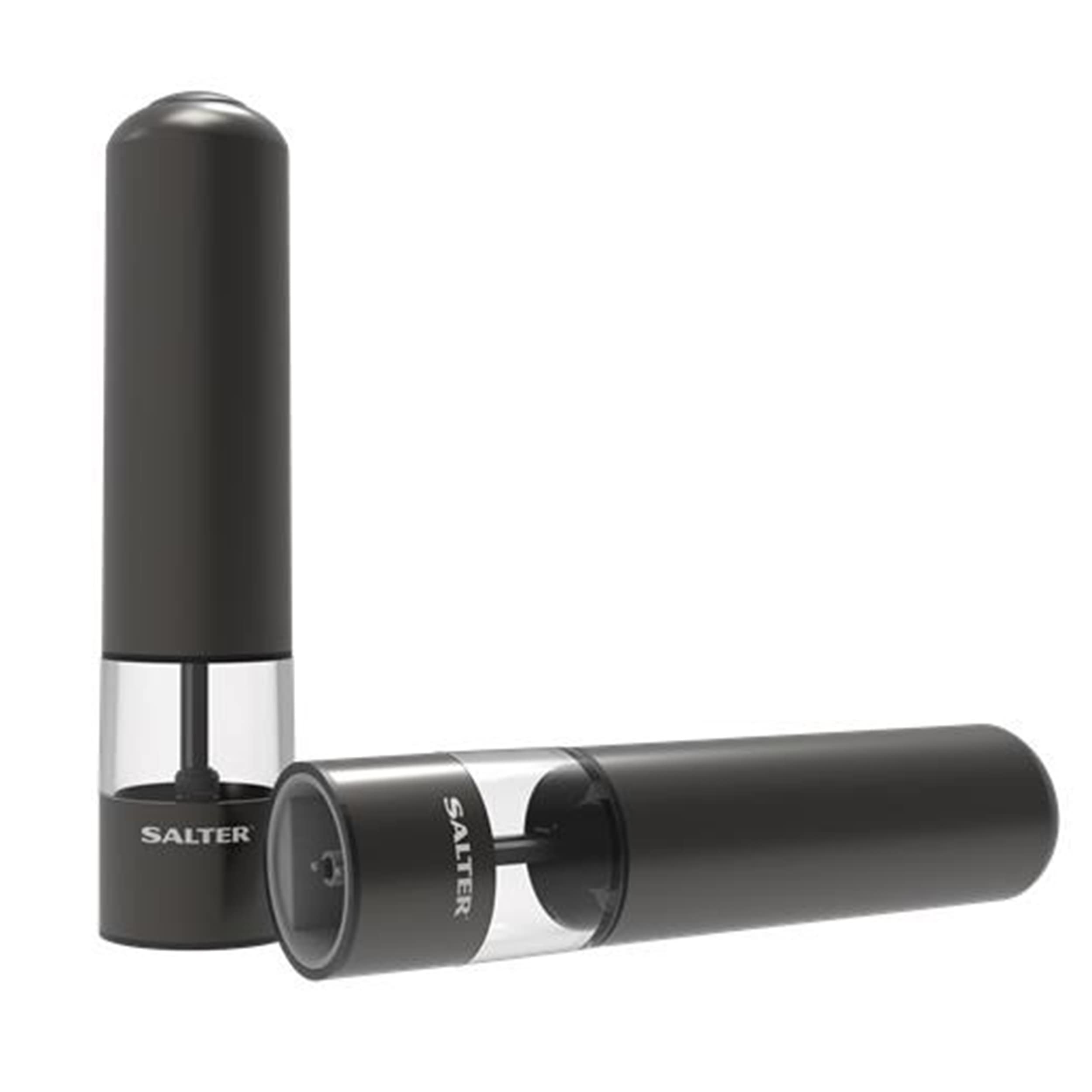 Salter 7538 GMXR Młynki do soli i pieprzu z kablem USB, łatwa obsługa jedną ręką, mechanizm ceramiczny, regulowany stopień mielenia od drobnego do grubego, metalowe wykończenie ze stali nierdzewnej