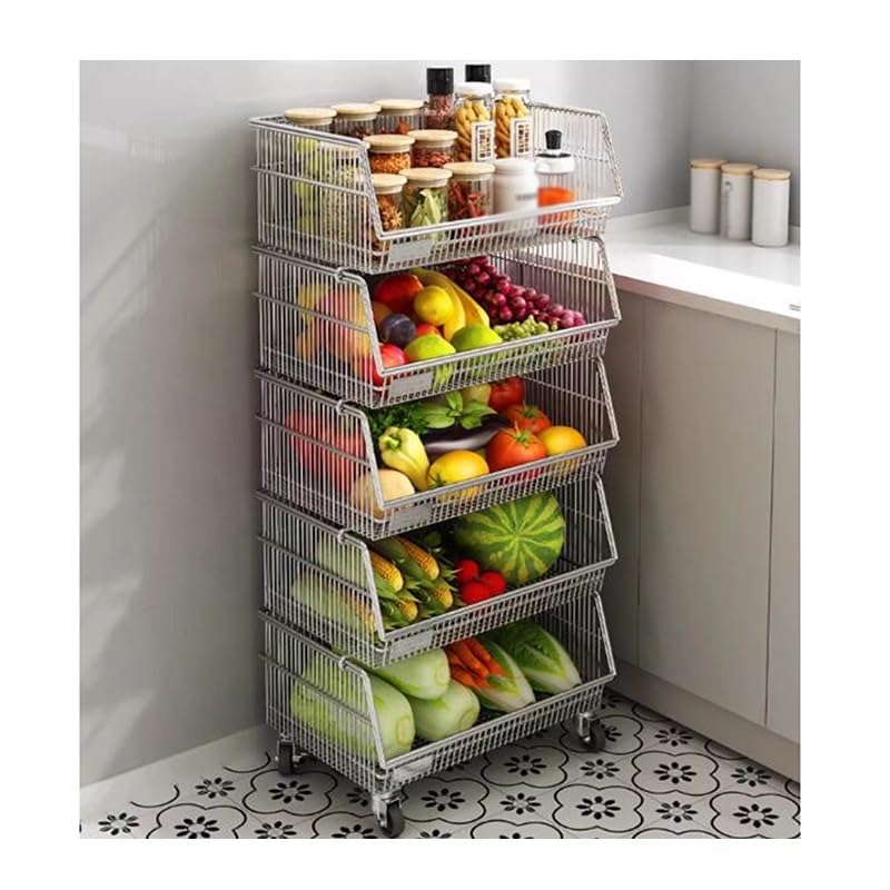 Organizador de cesta de metal, estantes de almacenamiento abiertos, cesta de almacenamiento de frutas y verduras, apilable, con ruedas (plata, 40 x 29 x 90 cm)