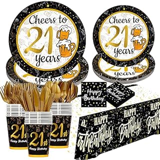 jenlion 21st Birthday Decorations for him her, Black Gold Birthday Supplies Plates and Napkins, Cups, Knives, Forks, Spoons Included, Tablecloth, Tableware for 24 Guests(Total 169pcs)