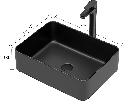 Miniatura 7 de Fregadero de baño de 19 x 15 pulgadas con grifo y desagüe desplegable – Porcelana negra mate rectangular sobre mostrador moderno lavabo de arte
