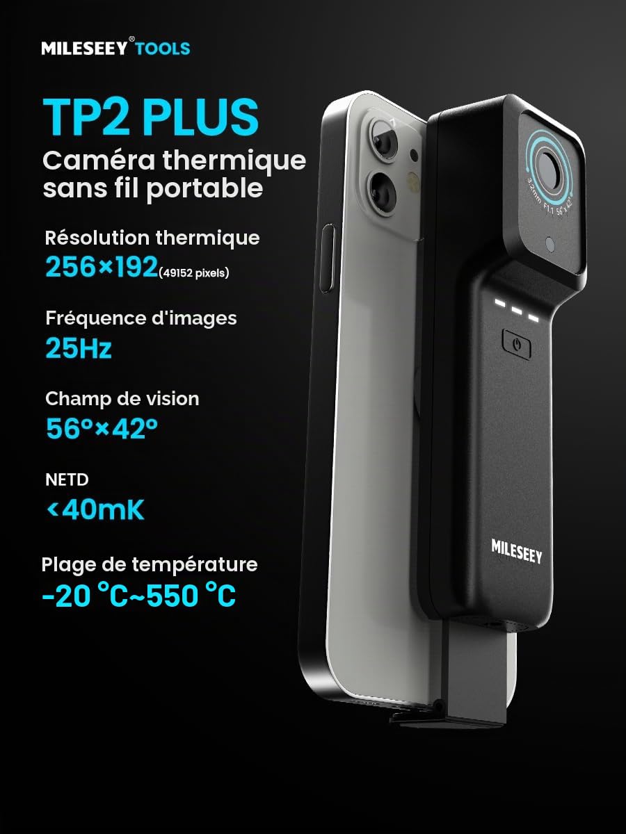 MILESEEY TP2 PLUS Caméra thermique pour Smartphones, caméra d'imagerie thermique 256x192 IR pour iOS et Android, gamme de température -4°F~1022°F, sensibilité thermique 40mk Imageur Thermique