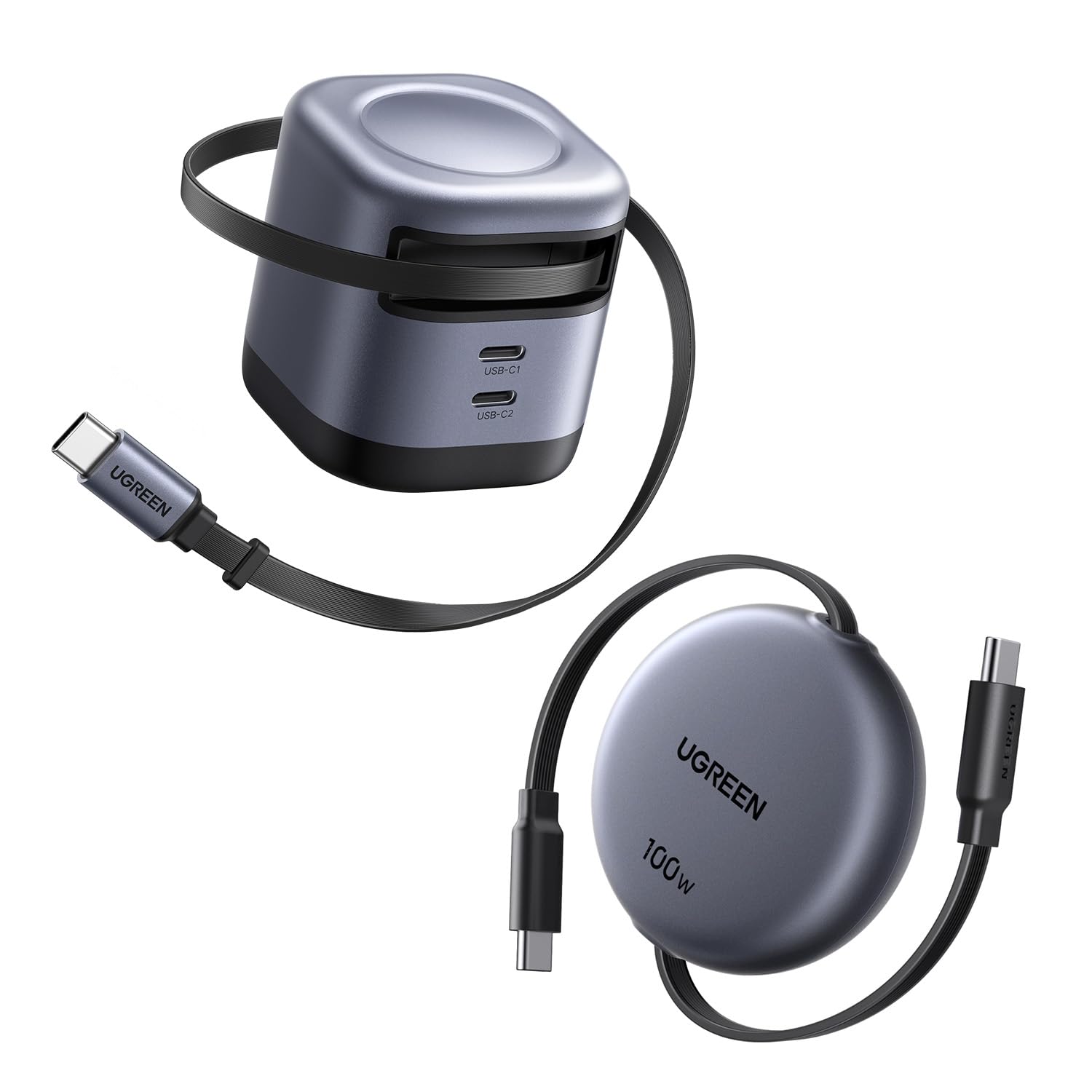 UGREEN Bundle Item 45W 3 in 1 Compact GaN Retractable Charger and 100W Retractable USB C Cable for