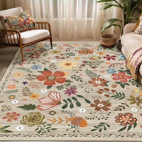 Washable Area Rugs, Floral Rug, Large Carpet for Living Room