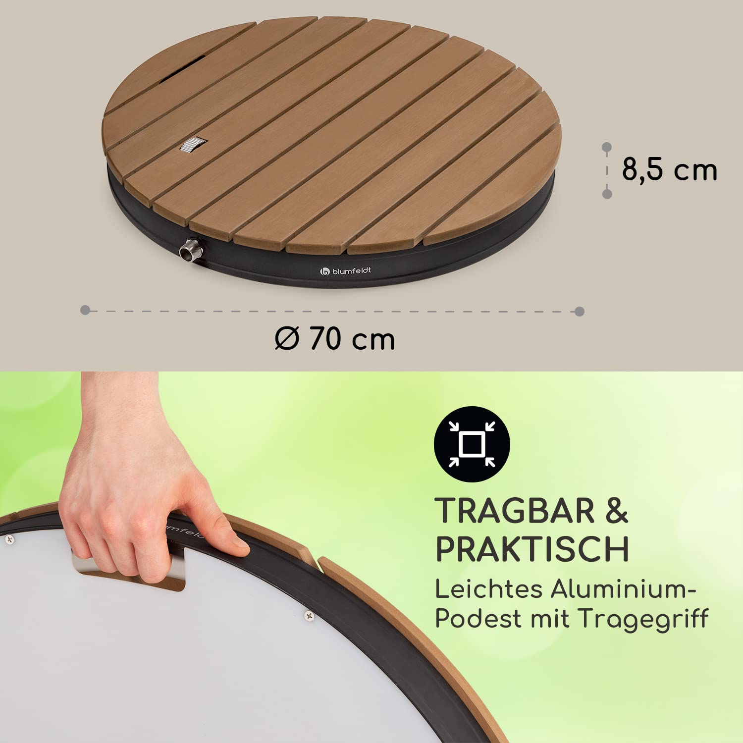 blumfeldt Mobile Gartendusche, Aussendusche für den Garten, Bodendusche mit 4m Fontänenhöhe, Boden-Gartendusche mit Holz-Optik für Pool & Sauna, Außendusche Wasserdicht, Frost- & UV-Beständig