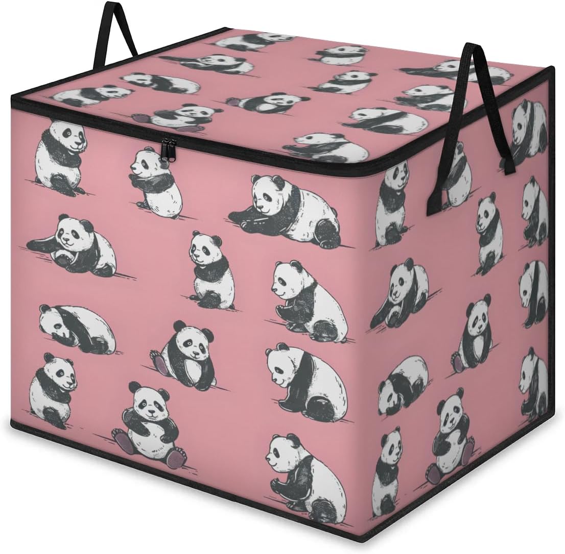 Honeybaby 214L Extra Large Comforter Storage Bag Panda Print Pink Storage Totes with Lids Waterproof Closet Organizer Folding Blanket Storage Bags for Clothes Bedding Pillows