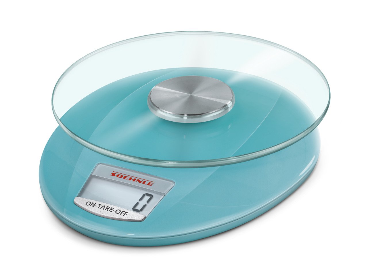 Soehnle Roma Sky Blue Digitale Küchenwaage, elektrische Waage mit Einer Tragkraft bis 5 kg, Haushaltswaage mit abnehmbarem Wiegeteller, Glas-Küchenwaage für grammgenaues Wiegen, mit große LCD-Anzeige