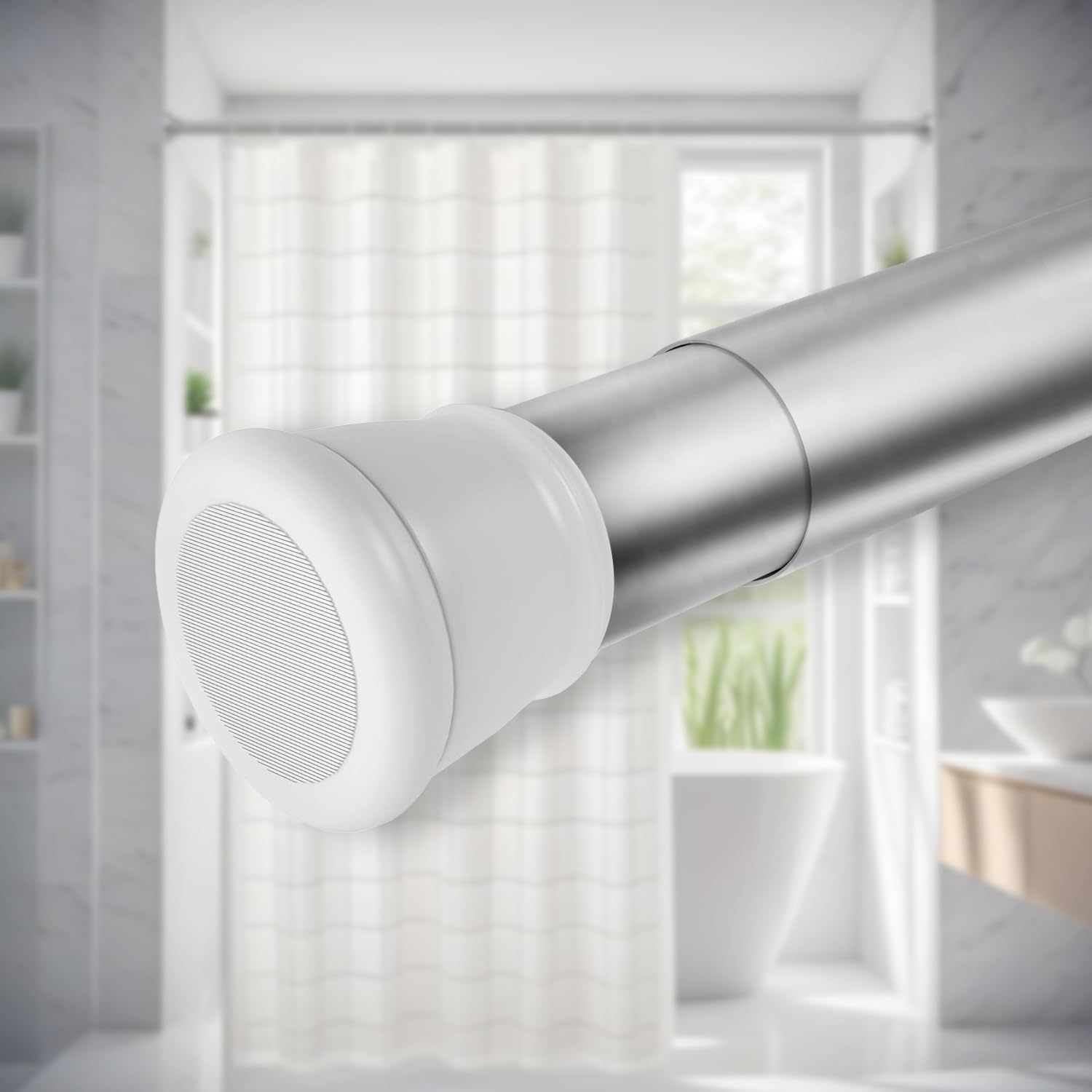 SITTELLA® 155-290Cm Extendable Shower Curtain Tension Rod, Adjustable Tension Without Drilling, Bathroom Curtain, Stainless Steel, White-Silver
