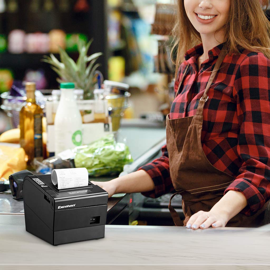 Excelvan Imprimante Thermique 80mm 300mm / s Impression Haute Vitesse Etiqueteuse Portable à découpe Automatique avec Port série USB Porte tiroir-Caisse pour Restaurant ESC/POS Shop