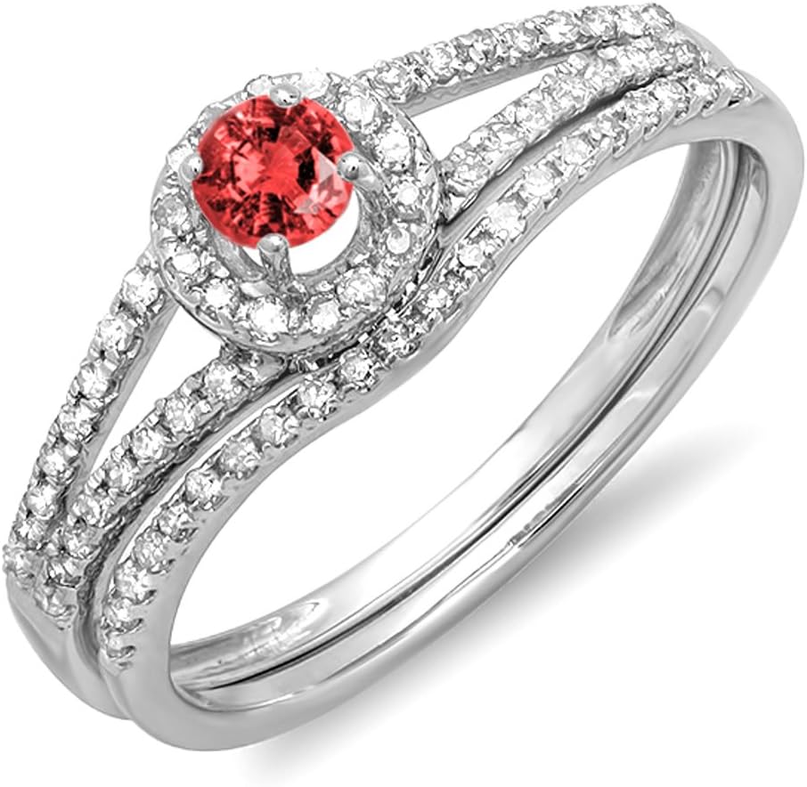 Dazzlingrock Collection Round Ruby And White Diamond Womens Bridal Halo Engagement Ring With Wedding Band Set, 14K Solid White Gold