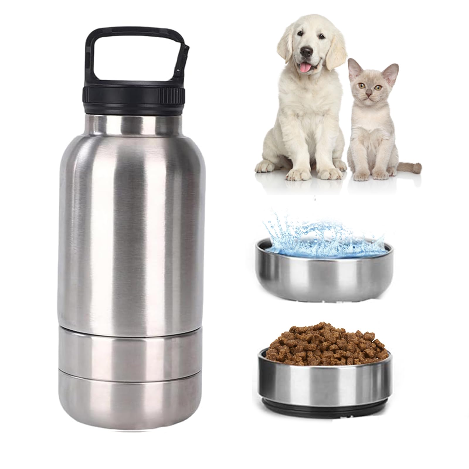 3-in-1 Dog Water Bottle 32oz, Stainless Steel Insulated Puppy Water Bottle with Detachable Food Bowl and Water Bowl, Dog Food Travel Container (silver, 32oz)