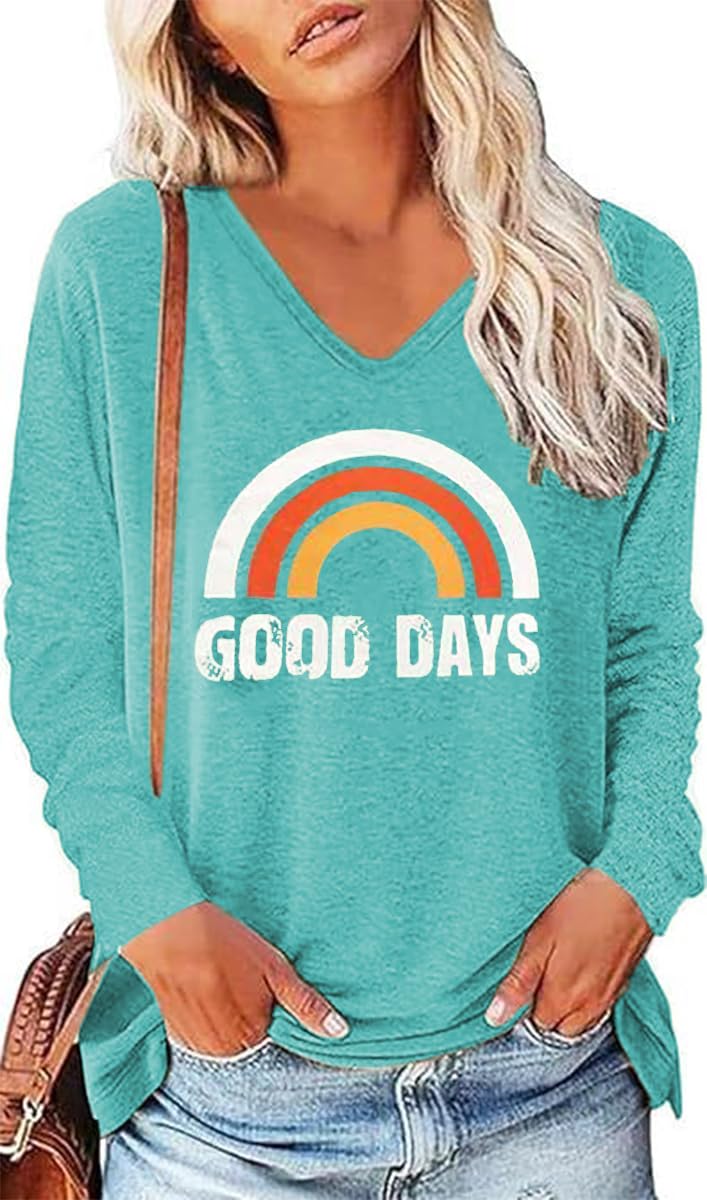 AVOZAL Tshirt Damen Langarm Bedruck Regenbogen Elegant Langarmshirt V-Ausschnitt Oberteile Casual Lose Longshirt Tunika Shirts Tops