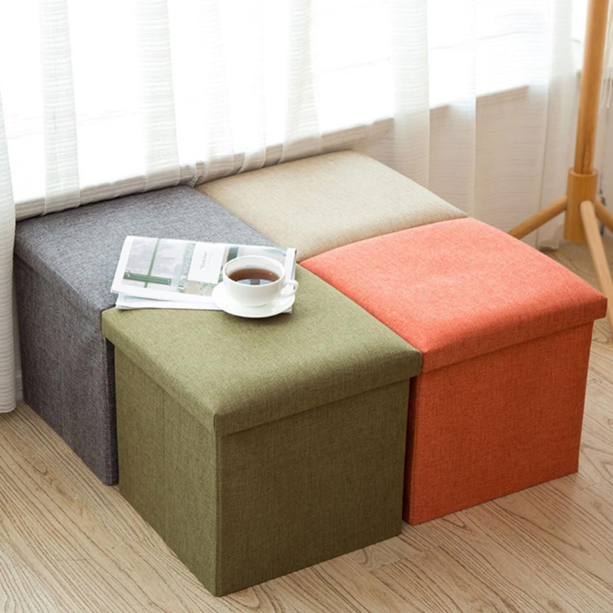 SUPVOX Foldable Storage Stool with Cotton Linen and Canvas Material, Orange Household Storage Box and Seat for Closet or Nursery, Practical and Neat Appearance 30x30x30cm