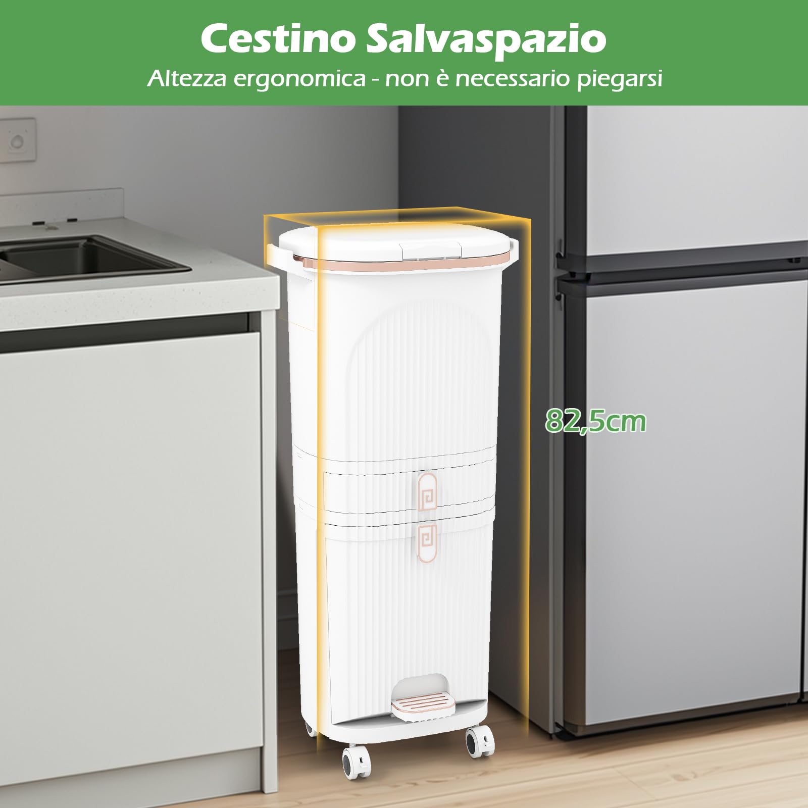 COSTWAY 42 L（12+12+14+4 L） Pattumiera Differenziata, Secchio Spazzatura a 3 Scomparti con Cassetto e Coperchi, 2 Secchi Rimovibili Pedale e Ruote, Bidoni Differenziata per Bagno Cucina Ufficio