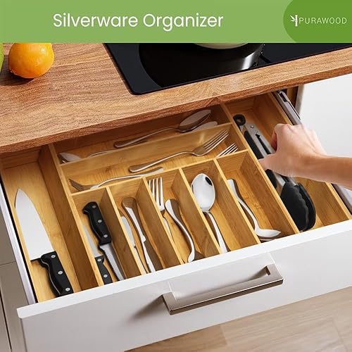 Miniatura 5 de Purawood - Organizador grande prémium de bambú para cubiertos, organizador de utensilios y cajones de cocina, 17 x 19.75 pulgadas, con separadores,
