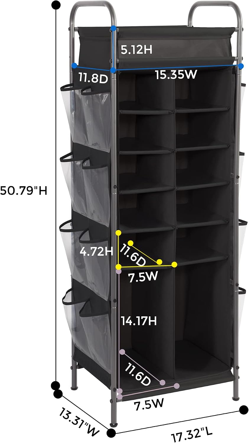 STORAGE MANIAC 20 Pair Shoe Organizer Cubby, Vertical Tall Shoe Rack Organizer, Boots Shoe Stand Tower Rack, Freestanding Shoe Cube with 16 Side Pockets for Closet Entryway Garage Small Spaces, Black