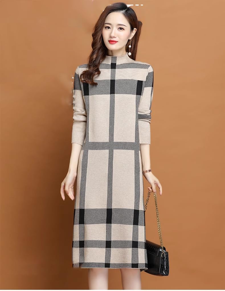 LIXINGHEITANG Knitted Dress for Women Autumn and Winter Striped Color Skirt Sweater Long Thick