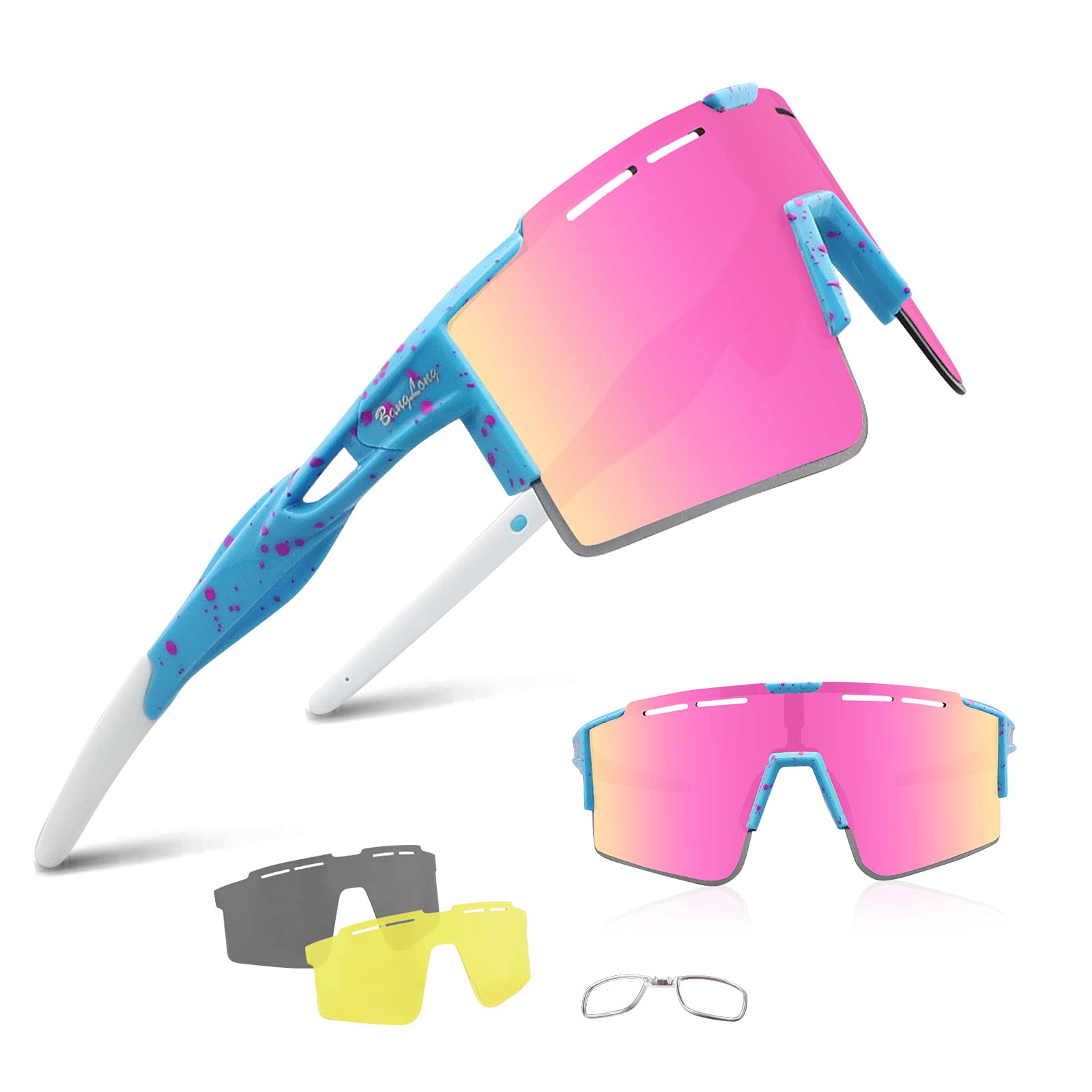 BangLong Polarisierte Sonnenbrille, Fahrradbrille Herren Damen UV 400 Schutz mit 3 Wechselgläser, Schutzbrille Sportbrille für Outdoorsport Radfahren Laufen Golf