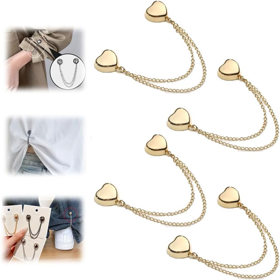 4-Pack Magnetic Clothing Clips with Chain,Clothing Clips for Fitting,Hijab Magnets,T-Shirt Shorening Pinless Magnetic Closure for Cinch T-Shirt Hems,Sleeves,Collar,Pants (Heart Gold)