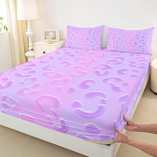 Miniatura 5 de Erosebridal Sábanas de cama de leopardo neón, sábana bajera ajustable con estampado de guepardo, tamaño matrimonial, ropa de cama con estrellas con