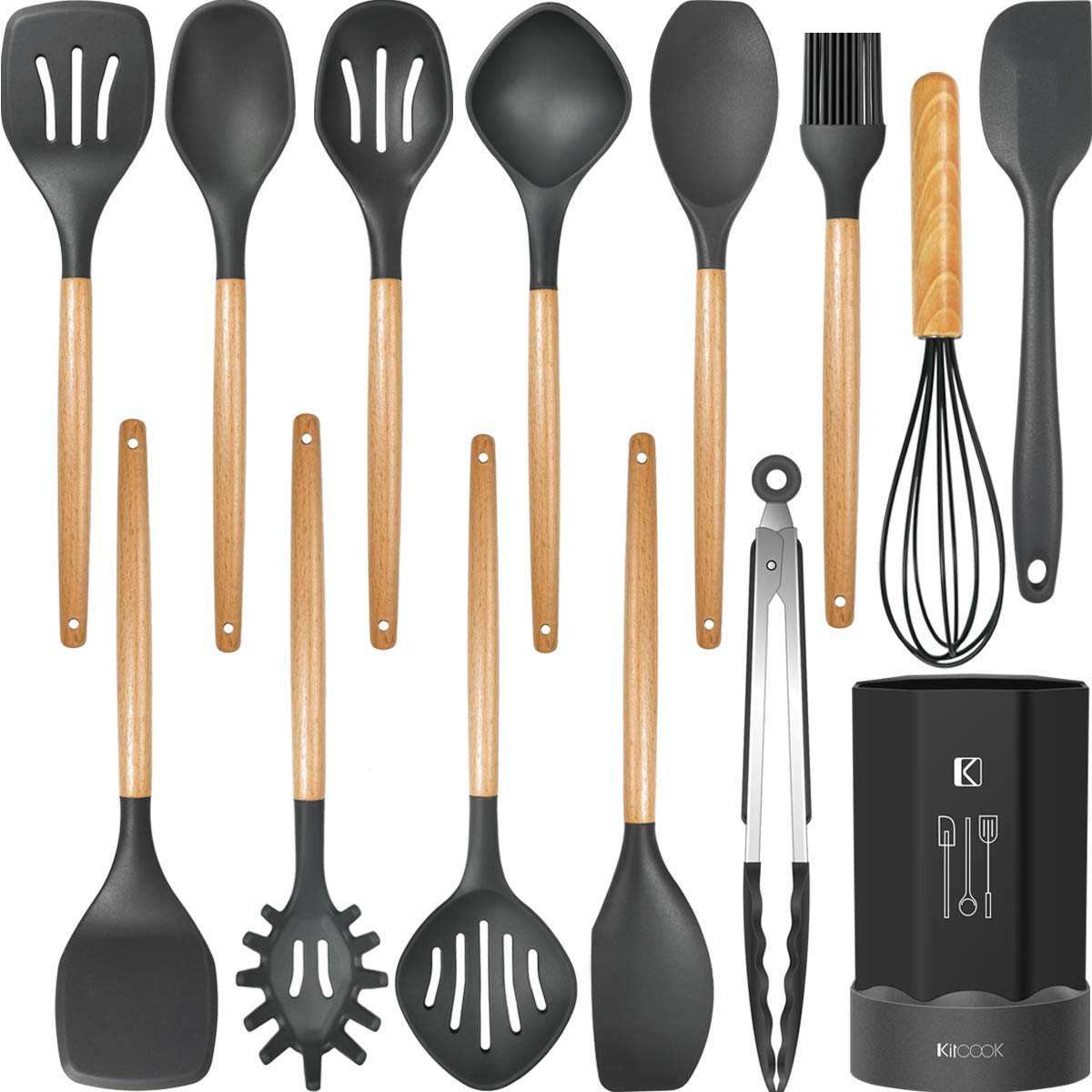 Silicone Cooking Utensils Kitchen Utensil Set, Heat Resistant,Kitchen Utensils Spatula Set with Holder.Wooden Handle Gray ...