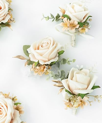 Miniatura 6 de Juego de ramillete y boutonniere para novio, novia, padrinos de boda, fiesta de graduación, rosas artificiales para hombres, boda, madre, abuela,