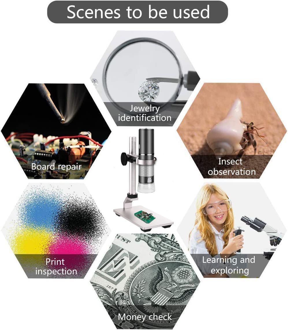 Jiusion WiFi USB Digital Handheld Microscope with Professional Microscope Stand, 50 to 1000x Wireless Magnification Endoscope 4K 3840x2160P Camera 8 LEDs with Metal Stand for iPhone iPad Android Mac W