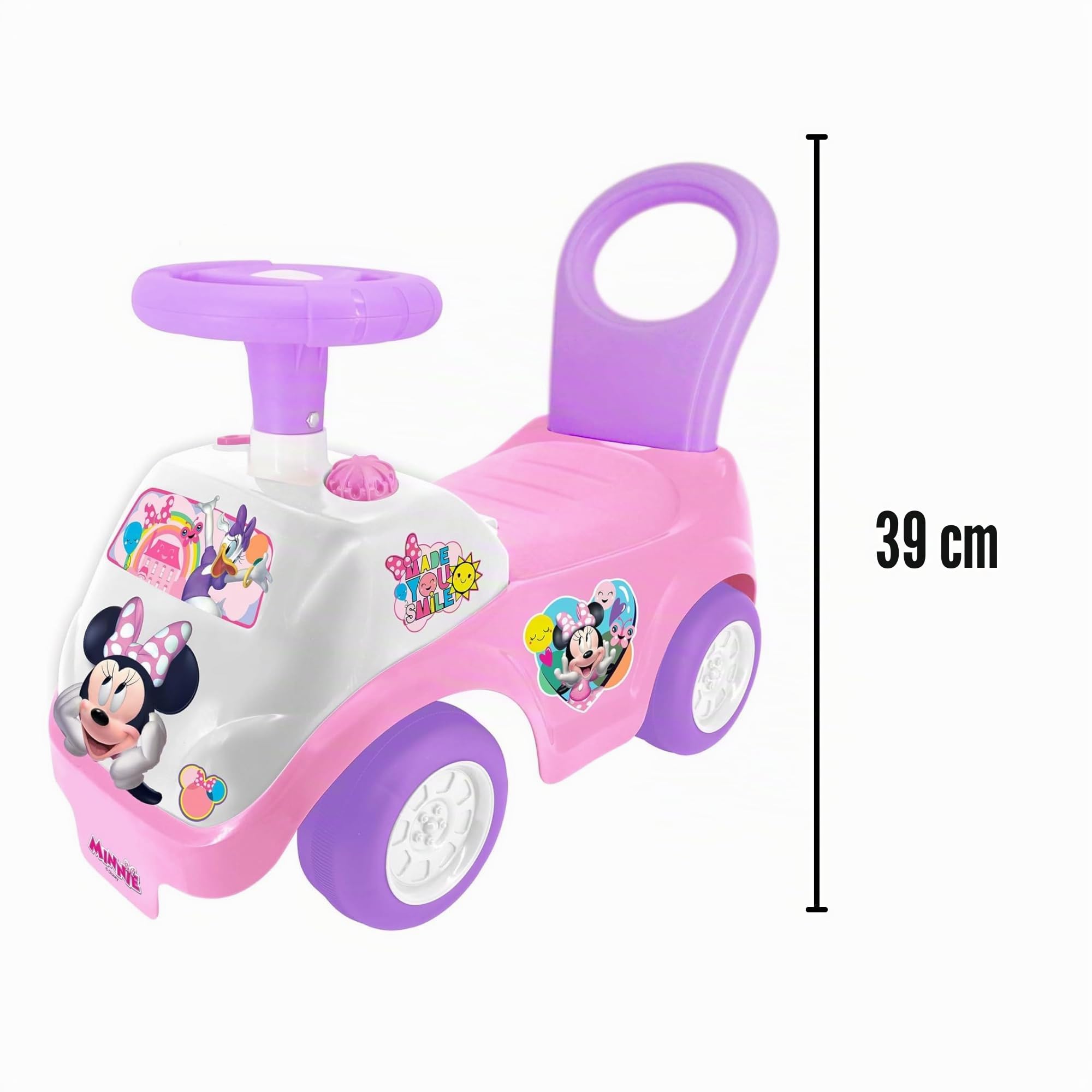 Kiddieland Disney Lights 'N' Sounds Ride-On: Minnie Mouse - Auto giocattolo interattiva, da piede a pavimento, per bambini, età 12-36 mesi, grande