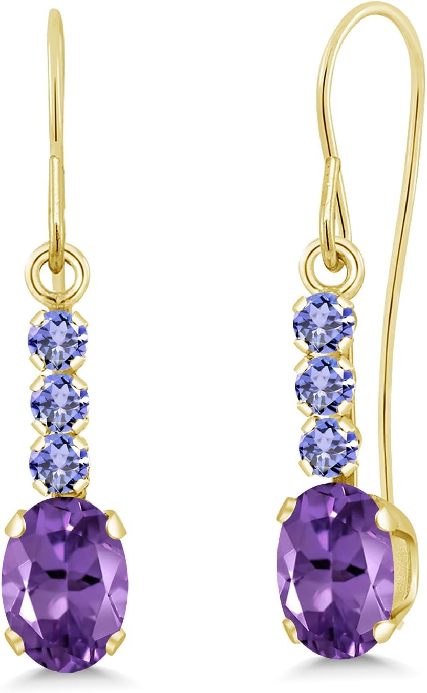 Gem Stone King 10K Yellow Gold Purple Amethyst and Blue Tanzanite Drop Dangle Earrings For Women (1.14 Cttw, Gemstone February Birthstone, Oval 6X4MM)