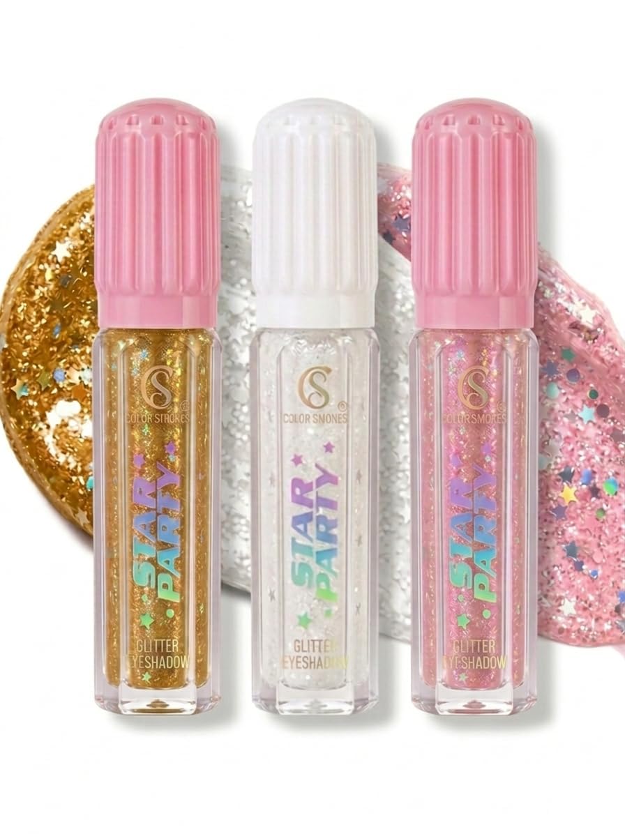 Liquid Glitter Eyeshadow Set, Sparkle Star Sequins Metallic Eye Makeup, Long-Lasting Shiny Highlighting Face & Body Gel, Iridescent Pink, Gold, and Silver Shimmer Pack of 3-image-22