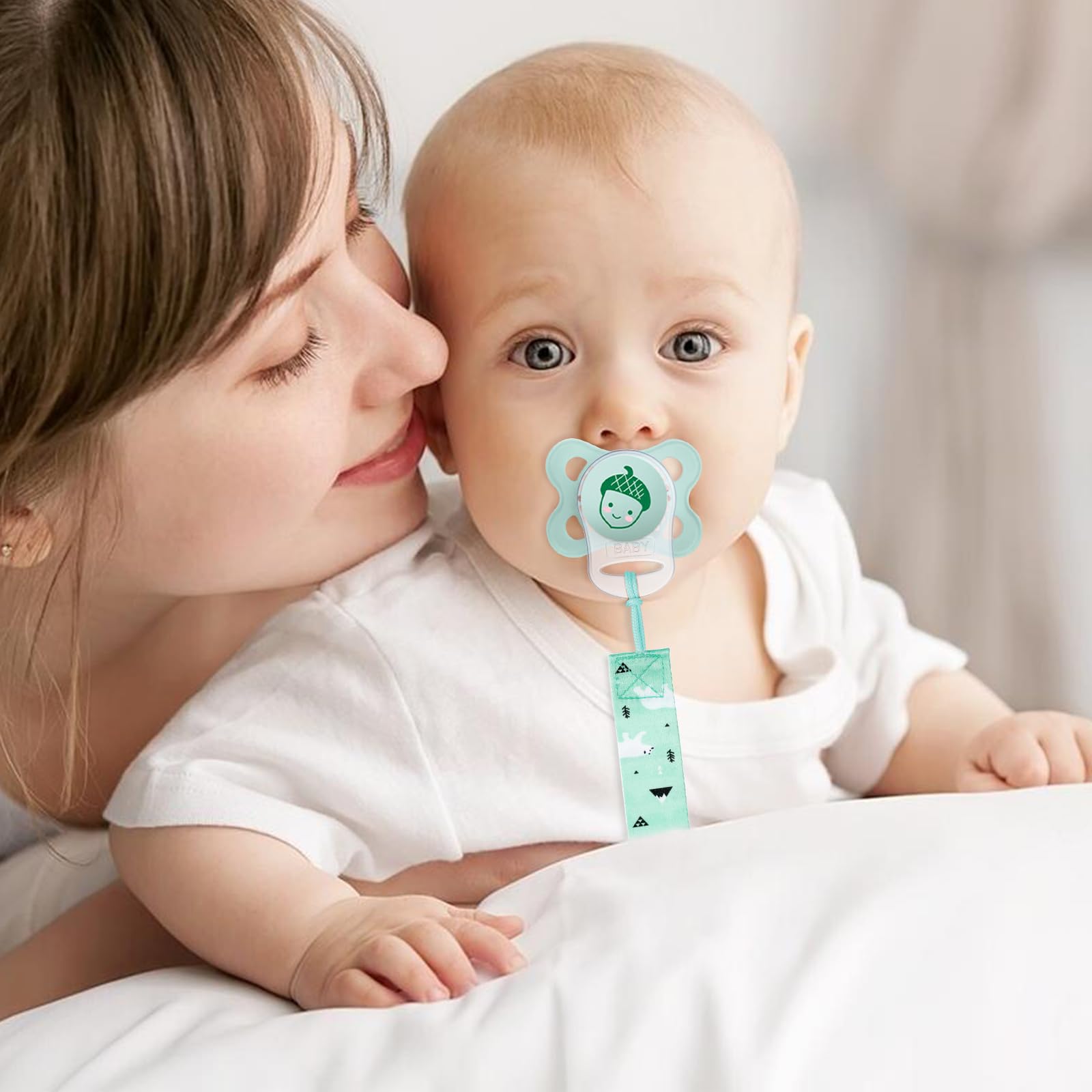 Aolso Ciuccio Catena per Bambini, 4 Pezzi Catenella Portaciuccio con 4 Pezzi Ciuccio Clip Adattatore, Catena per Ciuccio per Neonato per Nascita Battesimo Baby Compleanno Natale Regalo-Natale
