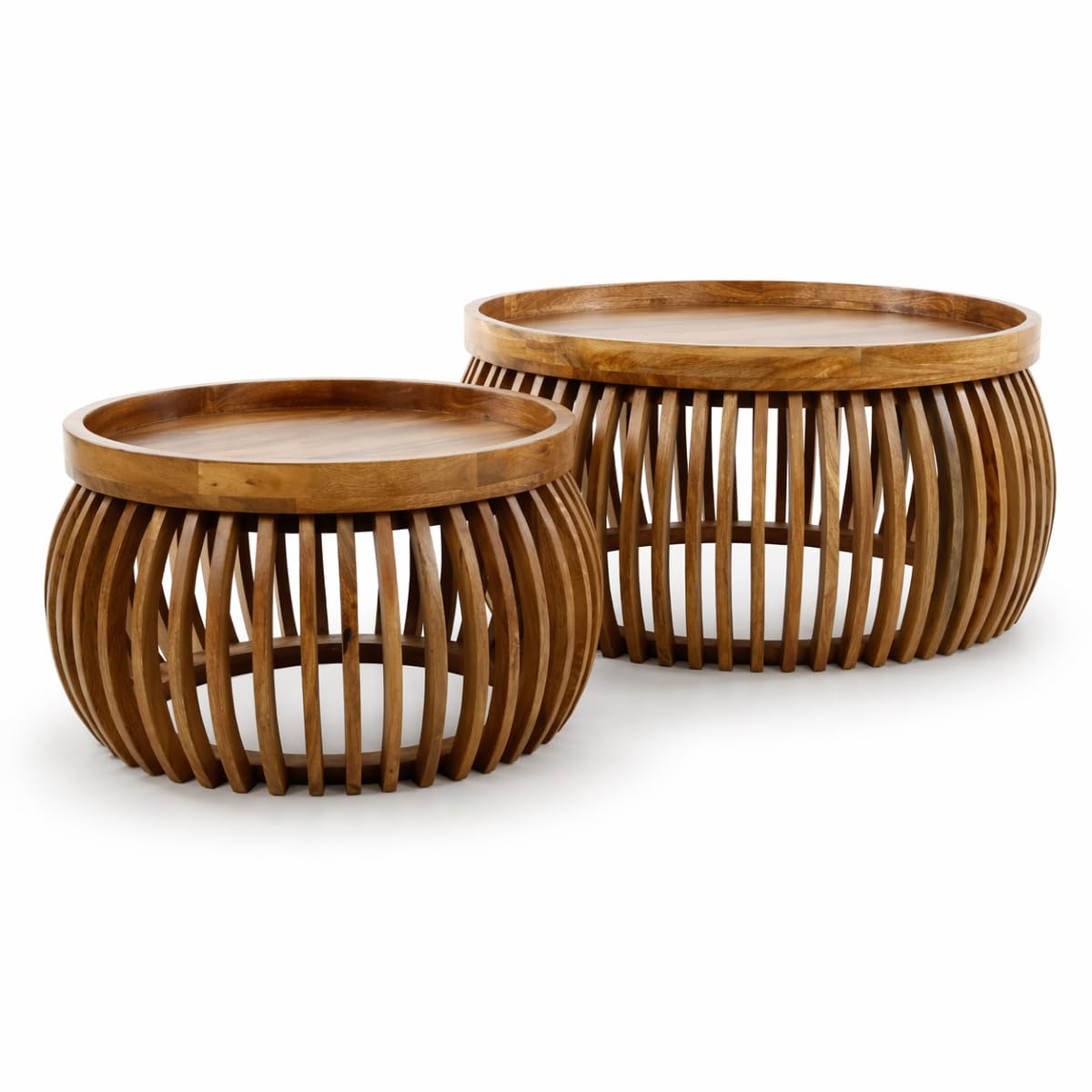 Couchtisch Laos rund 2er Set | Durchmesser 60 und 80 cm, Zweitisch Set, Mangoholz massiv, braun, runde Tischplatte, Holzstreben, erhöhter Rand