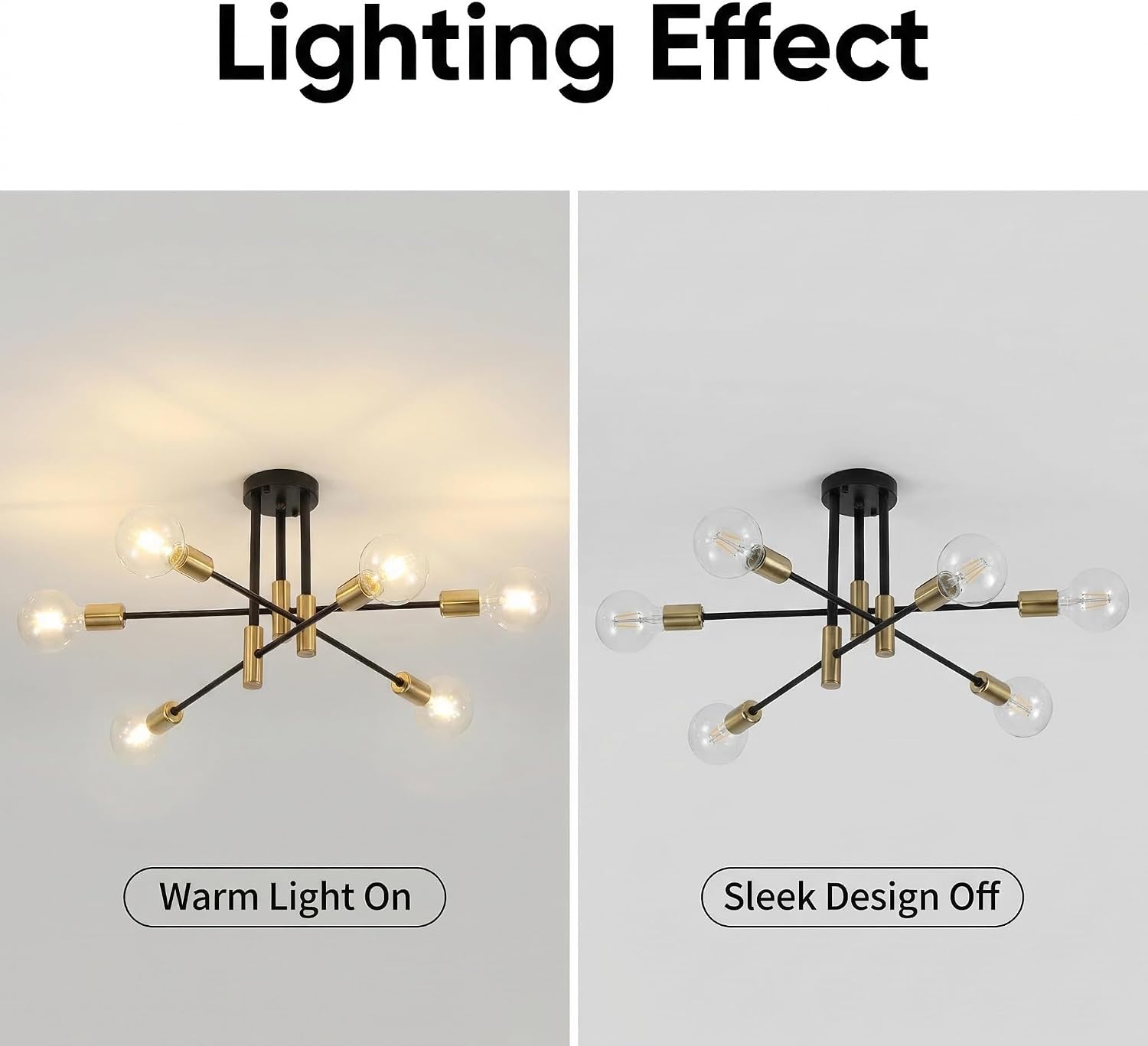6-Light Industrial Close to Ceiling Light, Black and Gold Iron Semi Flush Mount Ceiling Chandelier, E26 Base Farmhouse Lighting Fixture for Dining Room Living Room Bedroom Kitchen Entryway