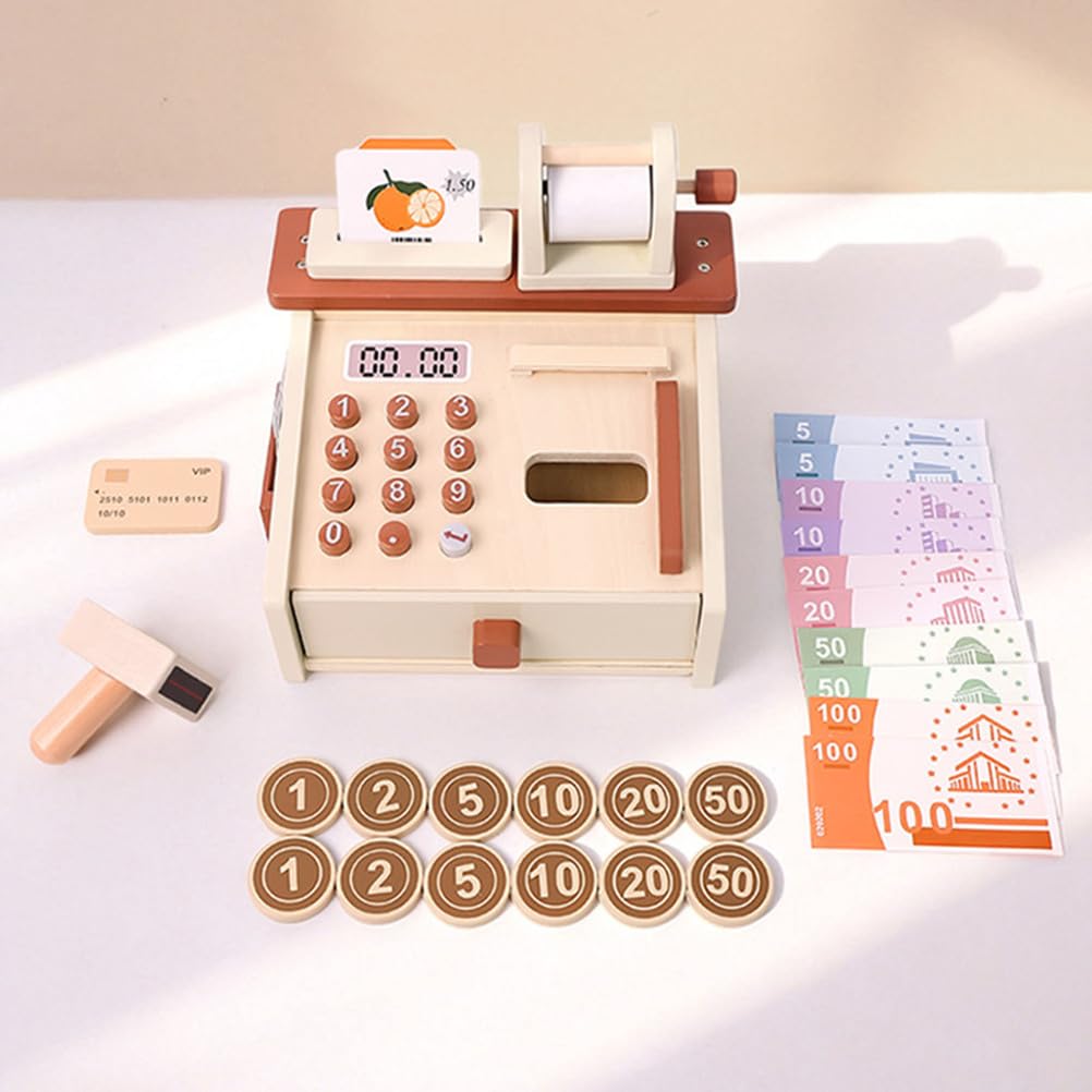 Juguete de caja registradora de madera, simulación de caja de supermercado | Set de Juego de Supermercado para Niños, Juguete de Dinero de Juego, Juego de Rol de Compras