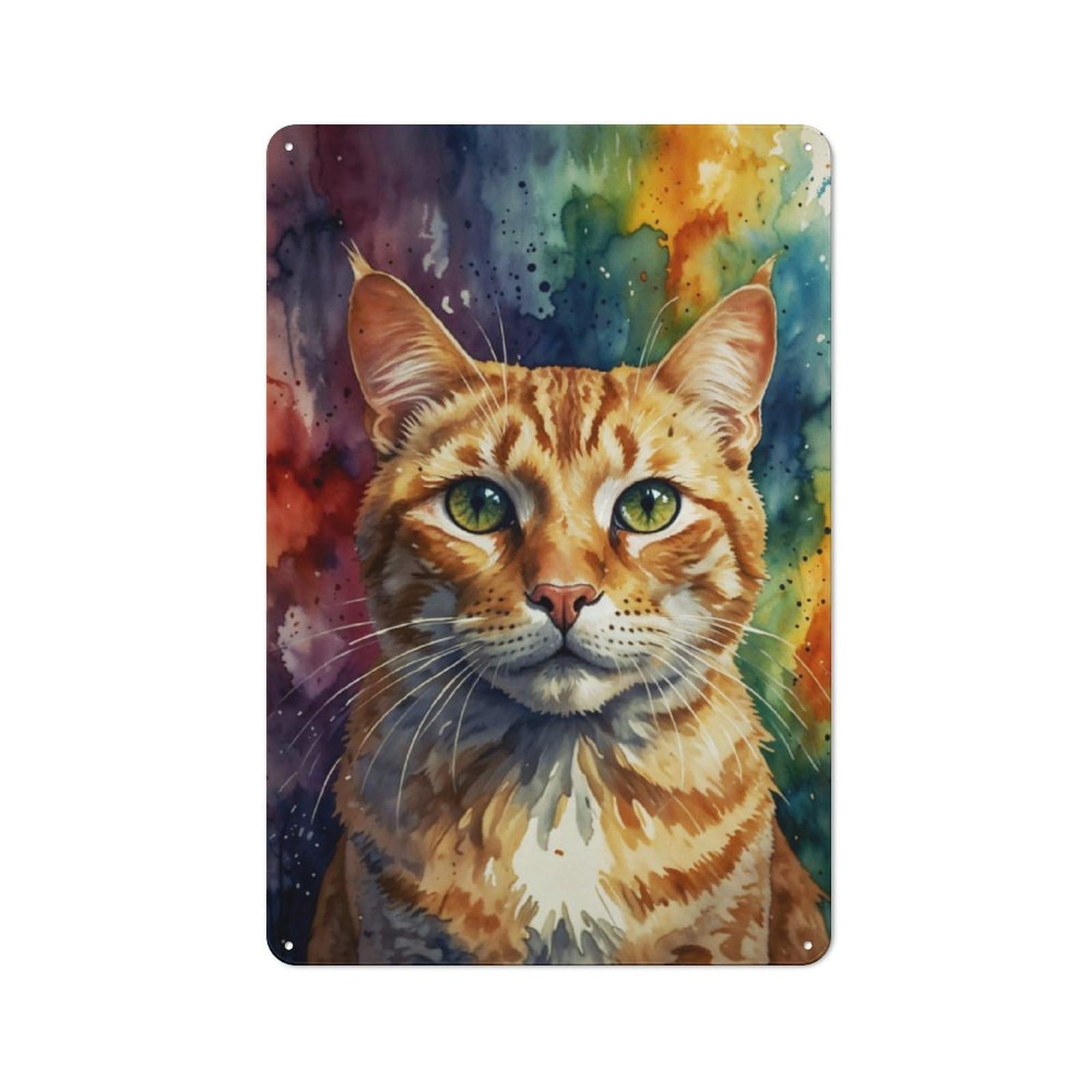 Retro Metal Wall Sign 30x20cm with Orange Cat Watercolor Portrait for Hallway Wall, Gift for Wall Display Collectors during The Christmas Season