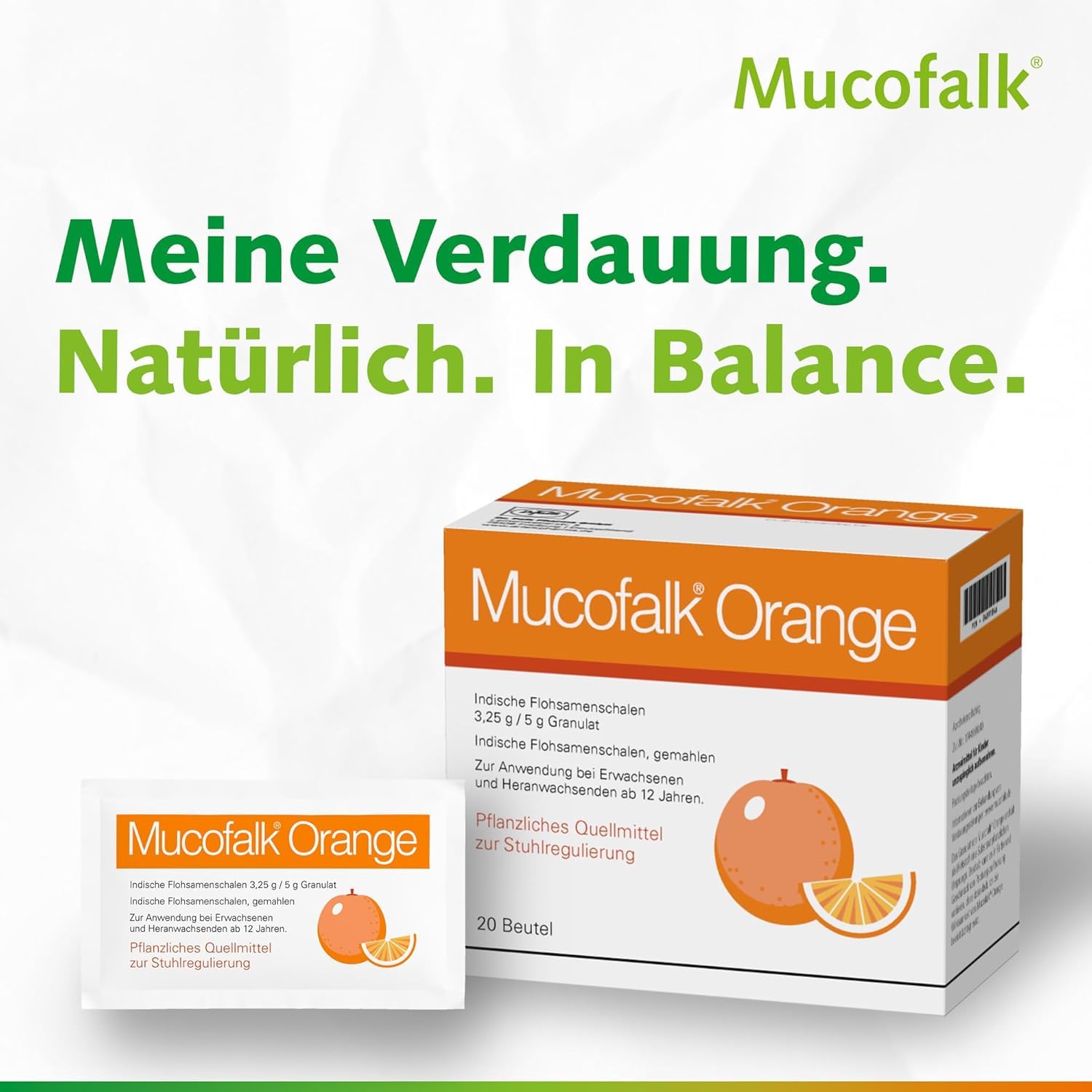 Mucofalk Orange, hochwertige Flohsamenschalen, Arzneimittel bei Darmbeschwerden wie z.B. chronischer Verstopfung oder unterstützend bei Durchfall, praktische Portionsbeutel, Orangengeschmack, 100 St