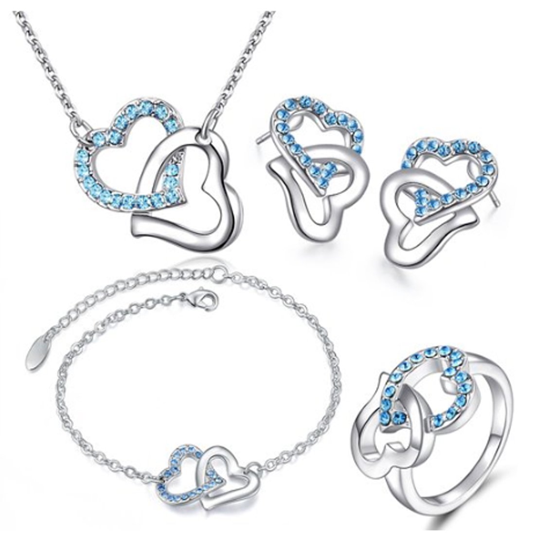 MAFMOFashion Rhinestone Double Heart Jewelry Set 4pcs Necklace Bracelet Ring Earrings